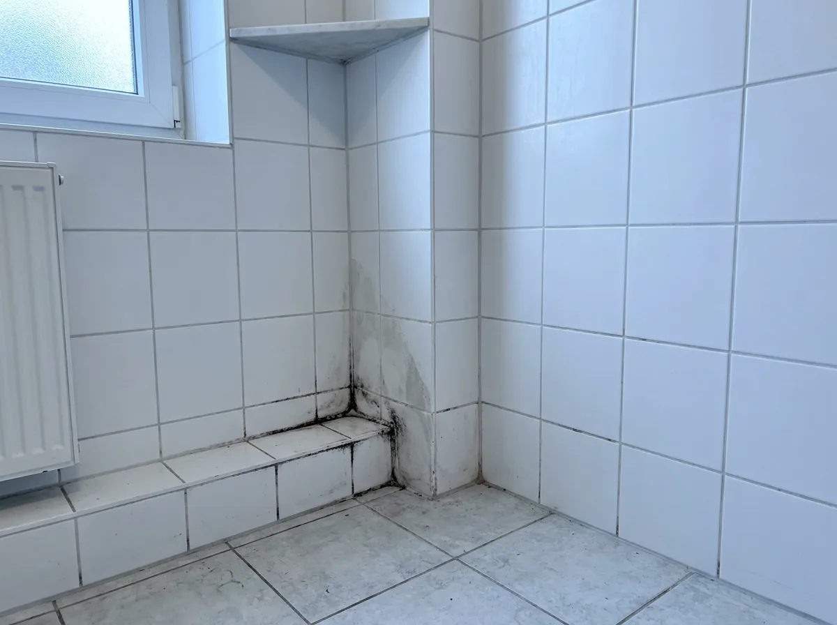 Schimmel in Badezimmer-Fugen vor und nach Sanierung vorher
